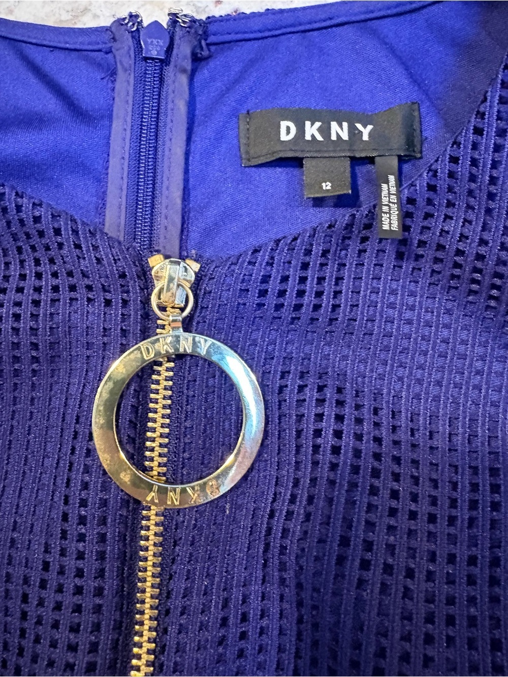DKNY Blue Mesh Midi Dress Size 12 Fit & Flare Sleeveless A-Line Zip Front - Picture 9 of 9